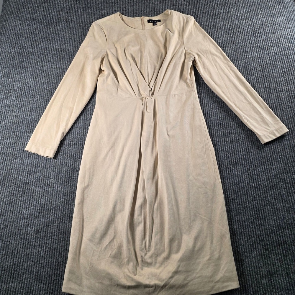 Nicole Miller Beige Faux Suede Long Sleeve Twist Front Midi Dress Womens Size 10